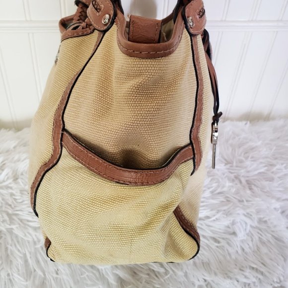 Fossil Womens Satchel Brown Fabric & Leather Braid Handles Key Charm Modern Vtg - Picture 4 of 16